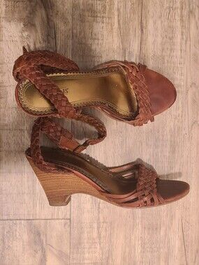 Seychelles Braided Brown Leather Wedge Sandals - Size 8 💗